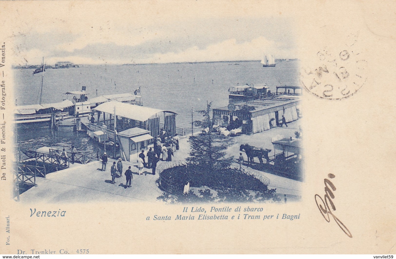 VENEZIA-IL LIDO,PONTILE DI SBARCO-I TRAM (OMNIBUS)PER I BAGNI-CARTOLINA VIAGGIATA IL 18-5-1899 - Venezia