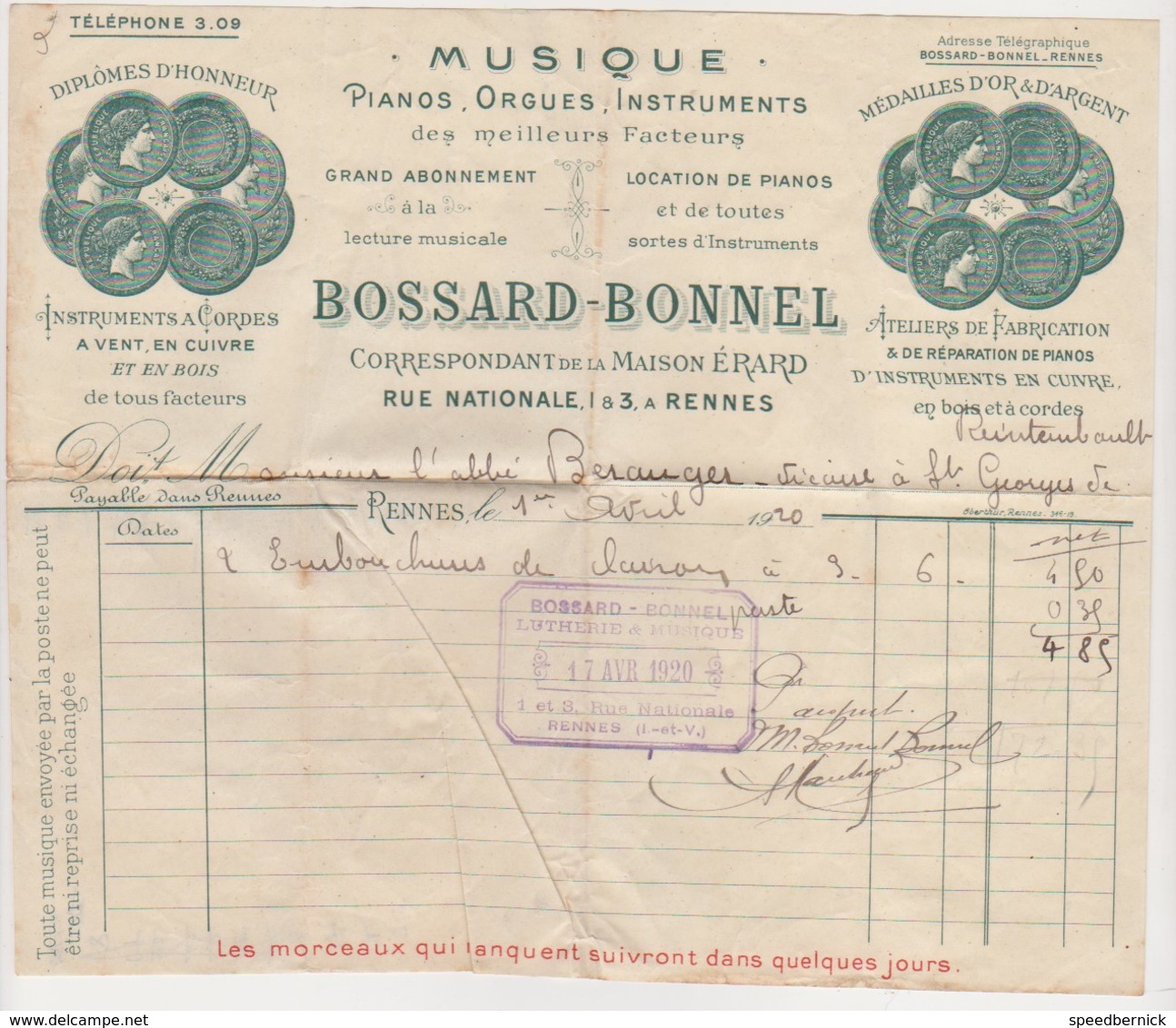 26971 Facture RENNES 35 France Bossard Bonnel -Musiques Pianos Orgues -rue Nationale -1920 -embouchures Clairons - - Sonstige & Ohne Zuordnung
