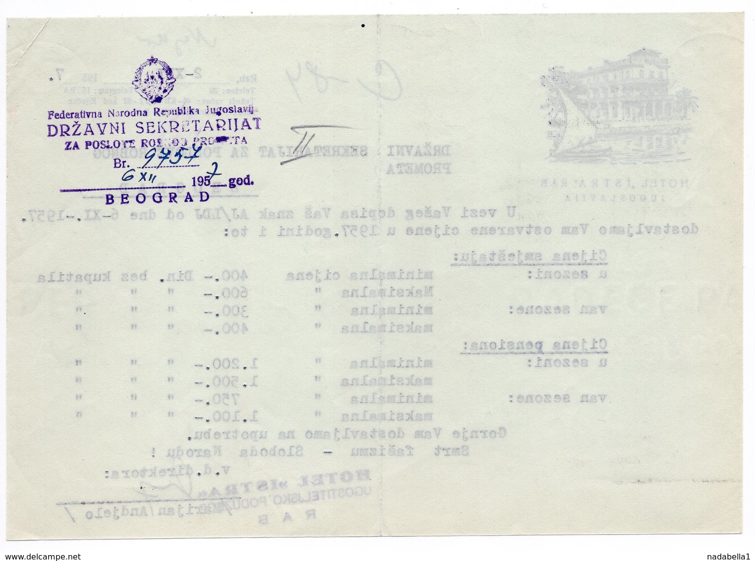 1957 YUGOSLAVIA, CROATIA, RAB, HOTEL ISTRA, LETTERHEAD, MEMORANDUM, 21x14.5 CM - Other & Unclassified