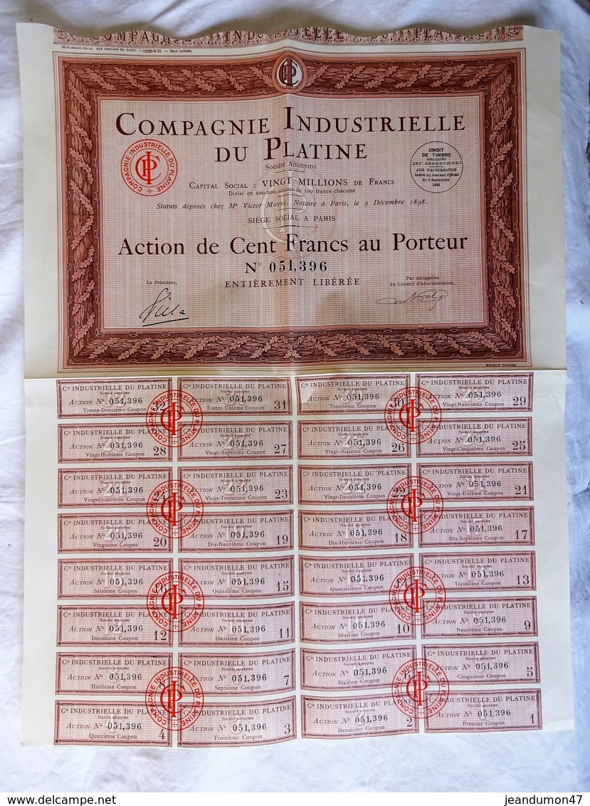 COMPAGNIE INDUSTRIELLE DU PLATINE - ACTION DE 100 FRANCS AU PORTEUR. ENTIEREMENT LIBEREE. 1898 - EXCELLENT ETAT. - Industrie