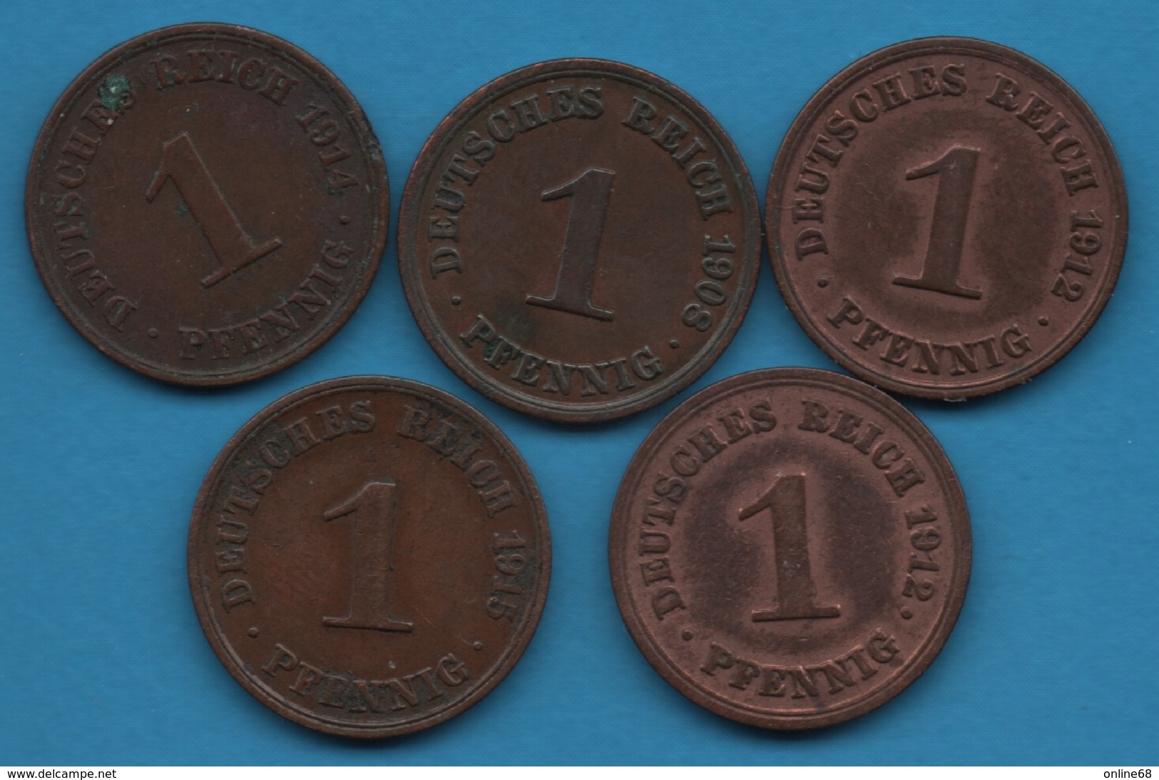 DEUTSCHES REICH LOT 5 X 1 PFENNIG 1908 - 1915 KM# 10 - 1 Pfennig