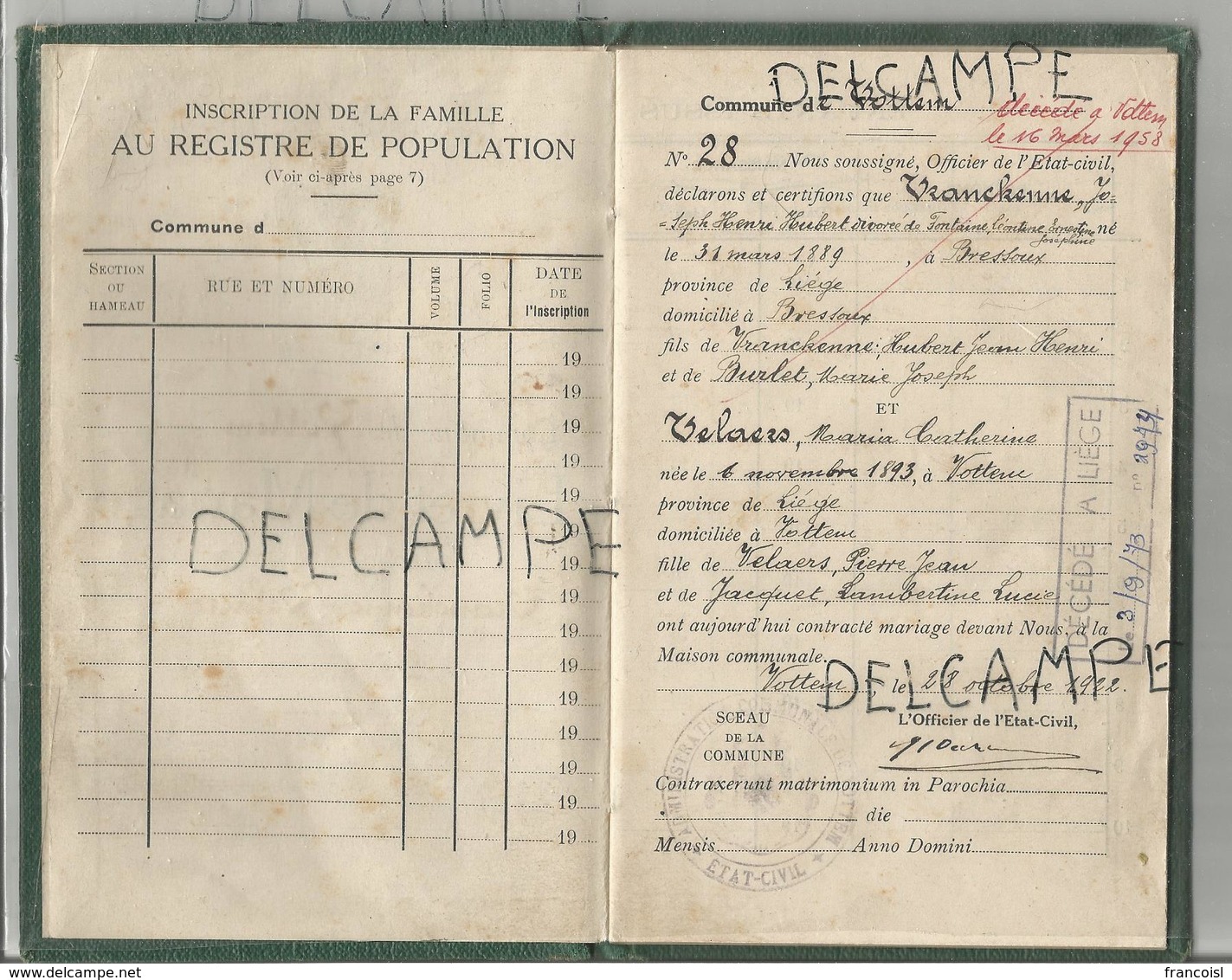 Carnet De Mariage Des époux Joseph Vranckenne Et Maria Velaers Le 28 Octobre 1922 à Vottem. - Documents Historiques