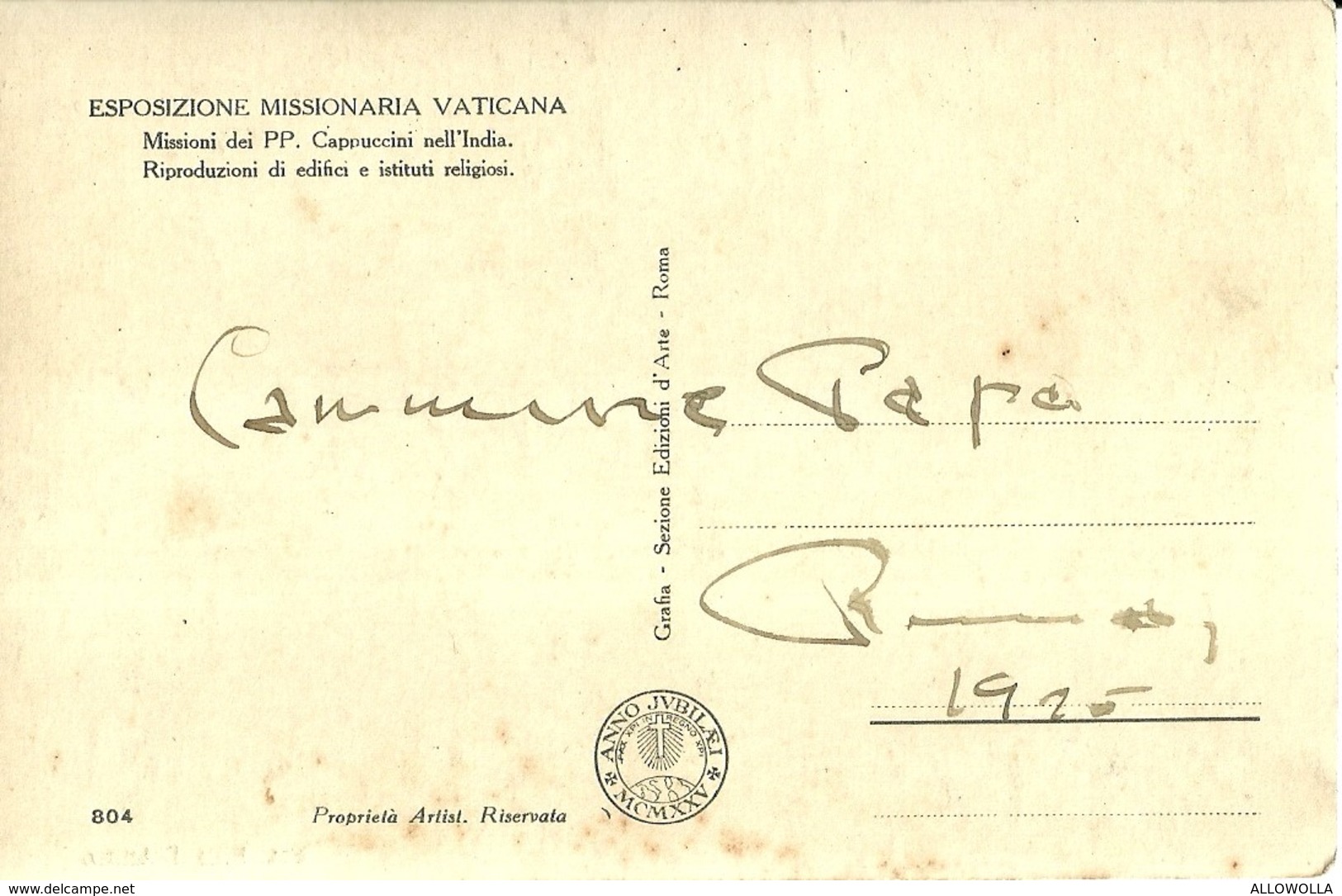 3244 "ESPOSIZIONE MISSIONARIA VATICANA-MISSIONI DEI PP.CAPUCCINI NELL'INDIA " 1925- CART. POS. ORIG. NON SPEDITA - Esposizioni
