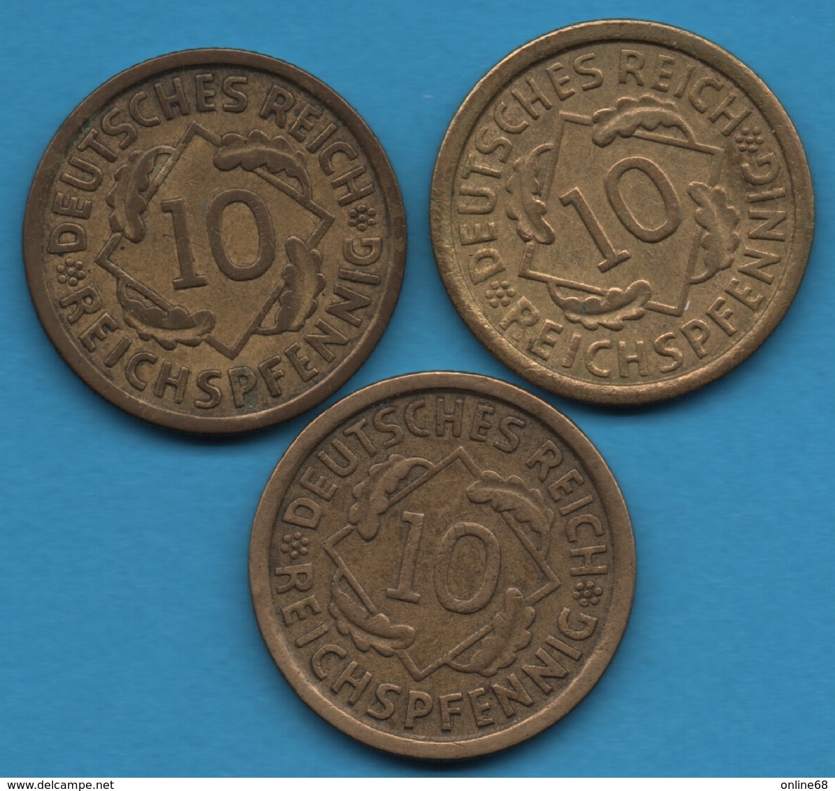 DEUTSCHES REICH LOT 3 X 10 REICHSPFENNIG 1925 - 1932  KM# 40 - 10 Rentenpfennig & 10 Reichspfennig