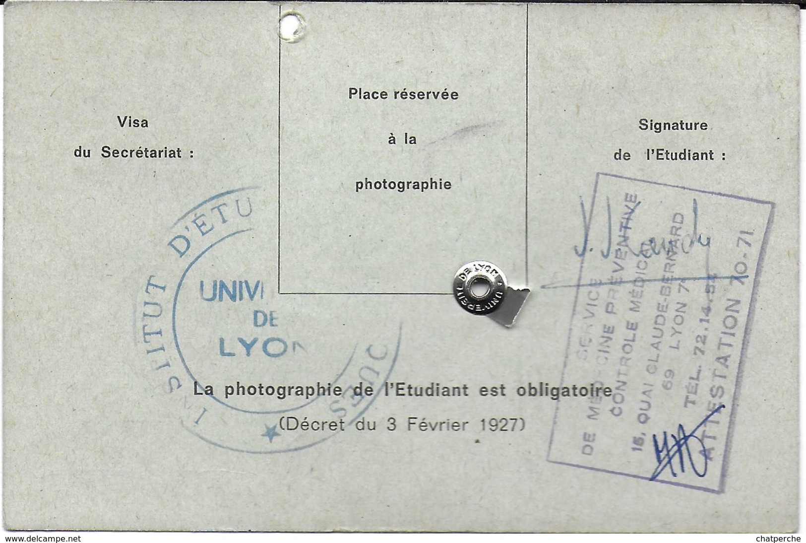 DOCUMENT IDENTITÉ POUR COLLECTIONNEUR CARTE ETUDIANT 1970 - 1971 INSTITUT ETUDES POLITIQUES LYON 69 RHONE - Autres & Non Classés