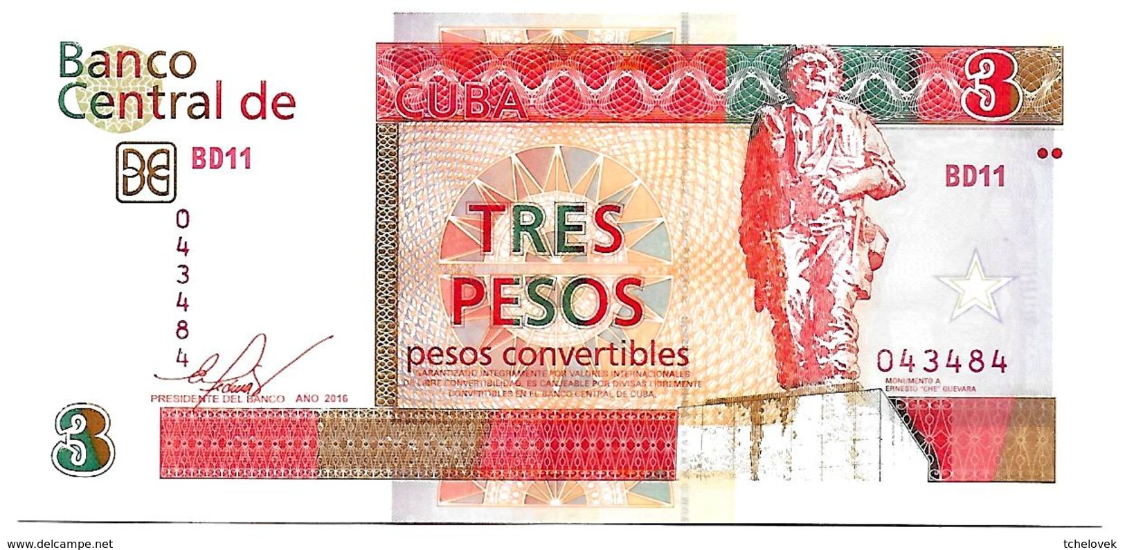 (Billets). Cuba. 3 Pesos Convertibles 2016 N° 043484 UNC - Cuba