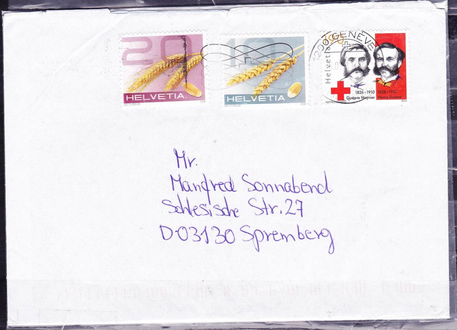 SWITZERLAND 2011 COVER GENEVE TO SPREMBERG GUSTAVE MAYNIER & HENRY DUNANT RED CROSS FOUNDER & 2 WHEAT DIFFERENT STAMPS - Lettres & Documents