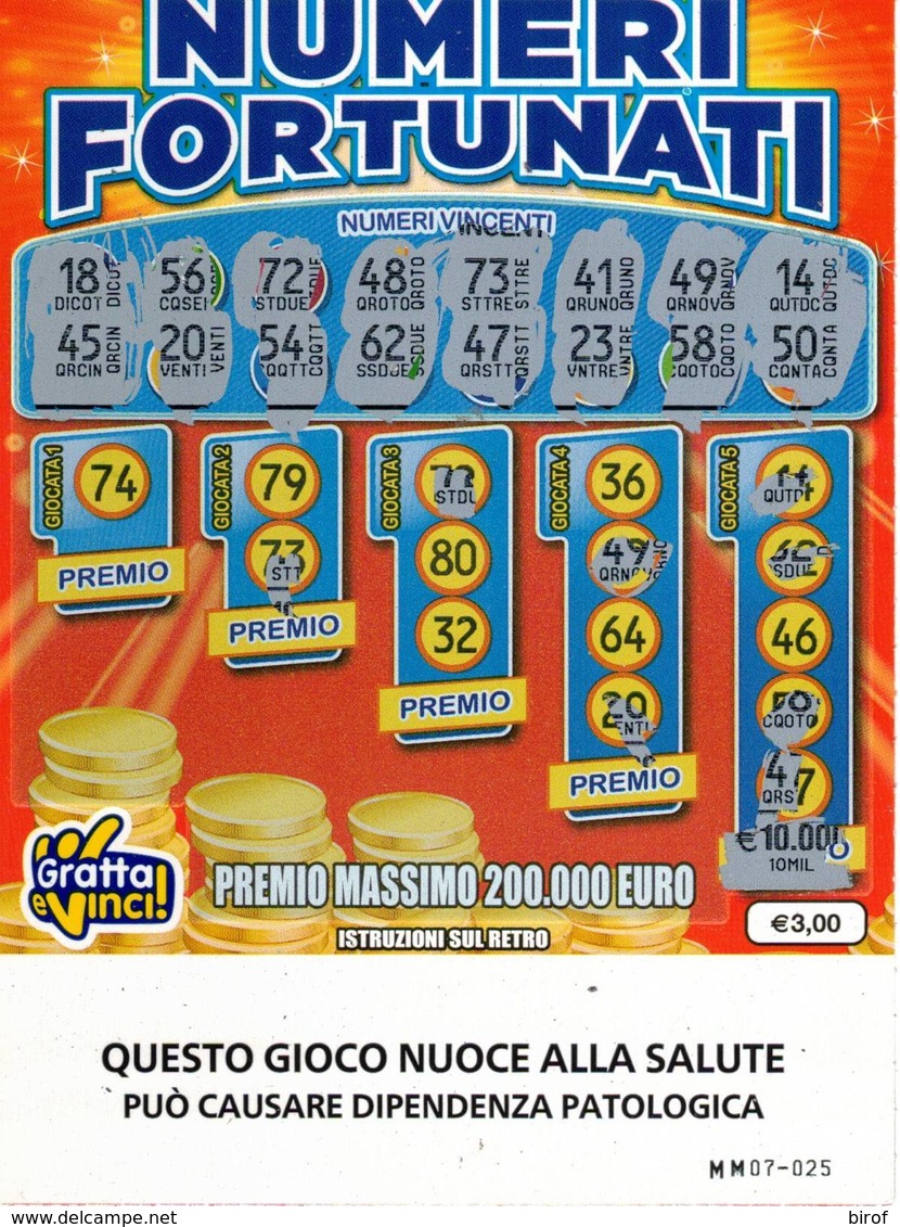 GRATTA E VINCI   - NUMERI FORTUNATI DA €5.00 - USATO N° 74 MM - SERIE 1166 (QUESTO GIOCO NUOCE ALLA SALUTE) - Biglietti Della Lotteria