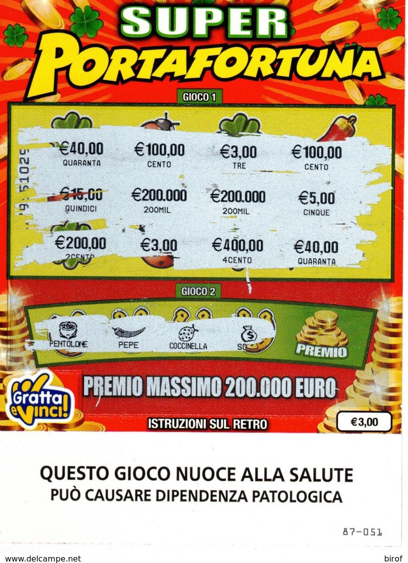 GRATTA E VINCI   - SUPER PORTAFORTUNA DA € 3.00 - USATO -  (QUESTO GIOCO NUOCE ALLA SALUTE) - Biglietti Della Lotteria