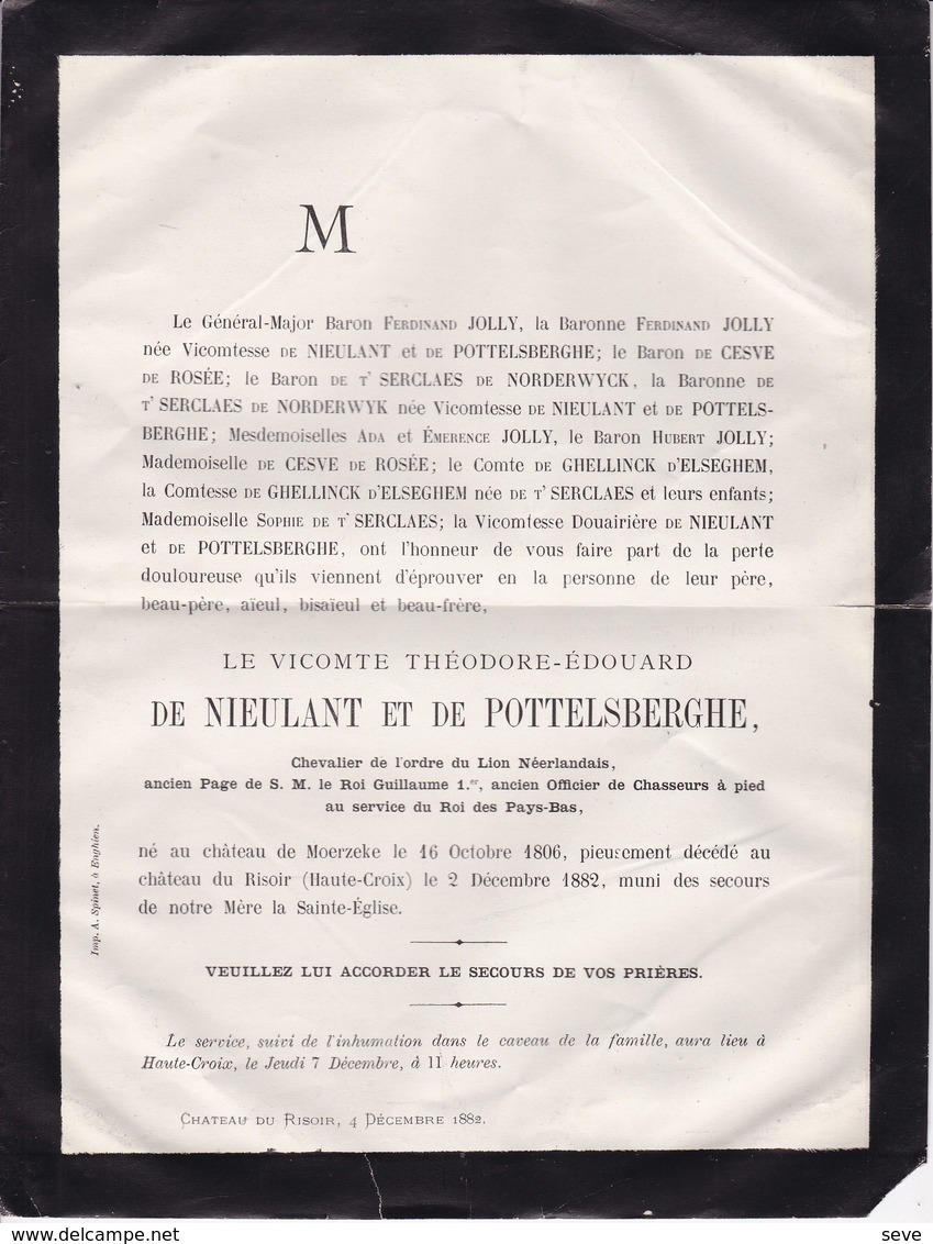 HAUTE-CROIX HEIKRUIS PEPINGEN Théodore Vicomte De NIEULANT Et De POTTELSBERGHE 1806-1882 Page Guillaume Ier MOERZEKE - Décès