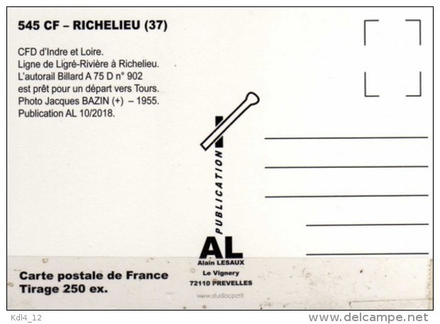 AL 545 - Autorail Billard N° 902 En Gare - RICHELIEU - Indre Et Loire - CFD - Sonstige & Ohne Zuordnung