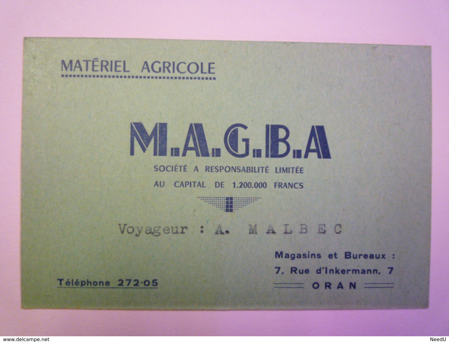 GP 2019 - 851  ALGERIE  -  ORAN  :  Carton PUB  M.A.G.B.A  Matériel Agricole  ORAN  XXX - Other & Unclassified