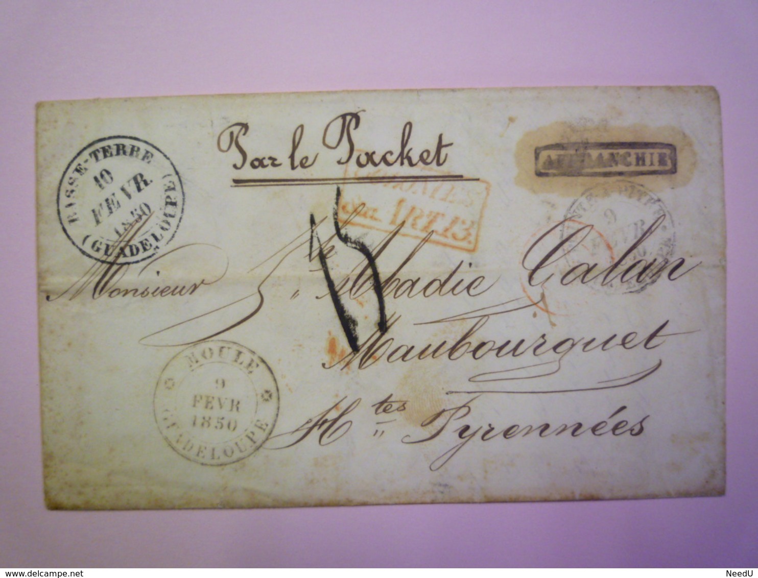 GP 2019 - 855  LETTRE Au Départ De MOULE  (Guadeloupe)  à Destination De MAUBOURGUET  (HP)  1850  RARE  XXXX - Covers & Documents