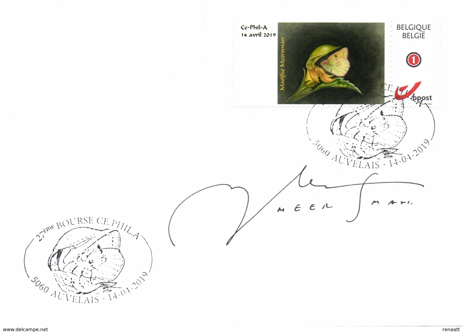 Belgium 2019 DuoStamp Meersman FDC Signed, Butterfly Pale Clouded Yellow, Wild Plant Yellow Archangel - Farfalle