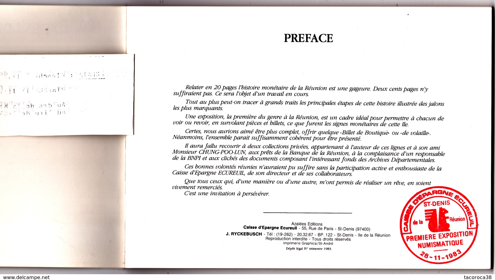 1ère Exposition Numismatique De LA REUNION, Organisée Le 28 Nov. 1983 Par La Caisse D'Epargne De SAINT DENIS - Livres & Logiciels