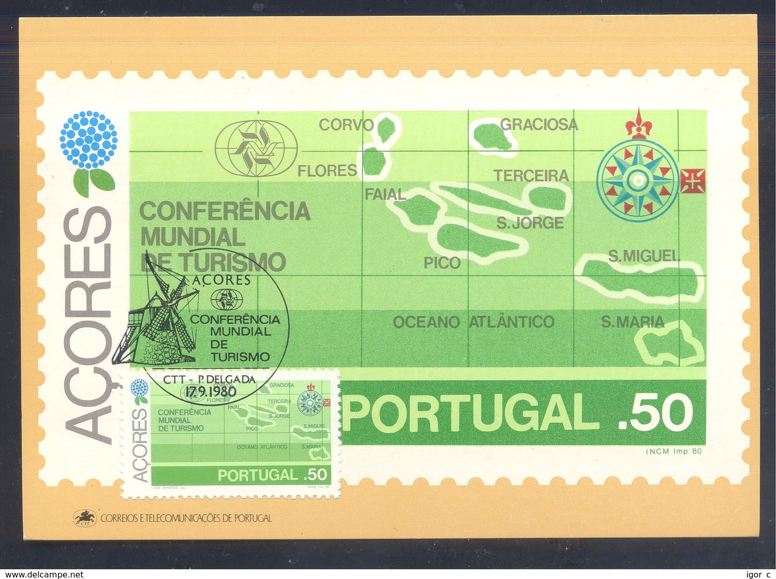 Portugal Azores 1982 Maximum Card: Tourism Maps Azores Archipelago; Wind Mill - Other & Unclassified