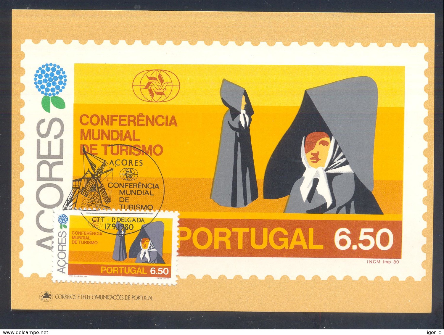 Portugal Azores 1980 Maximum Card: Tourism Of Azores; Traditional  Costume From S. Miguel Island; Wind Mill Cancellation - Sonstige & Ohne Zuordnung