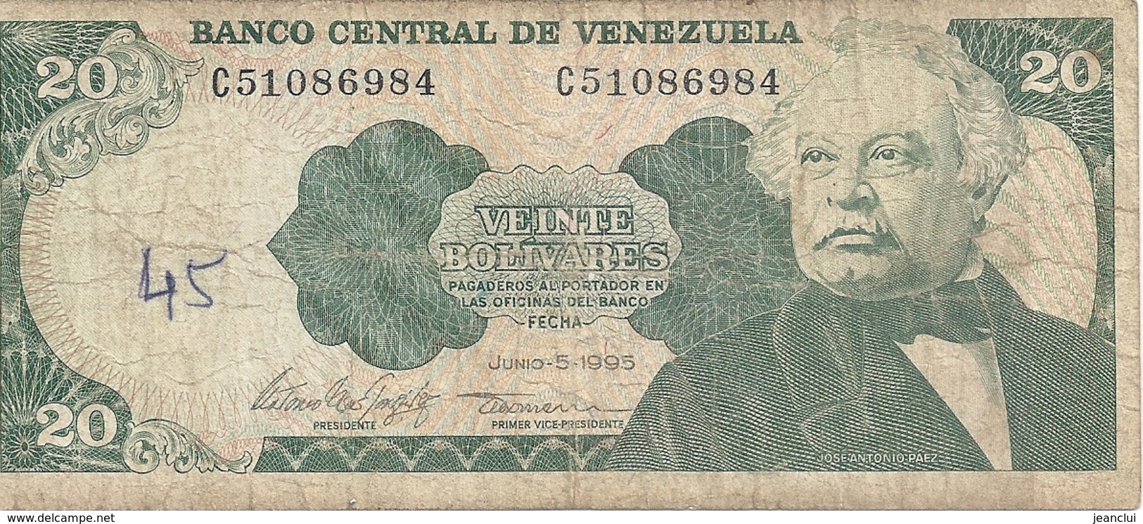 BANCO CENTRAL DE VENEZUELA - 20 BOLIVARES . JUNIO - 5- 1995  . N° C 51086984   . 2 SCANES - Venezuela