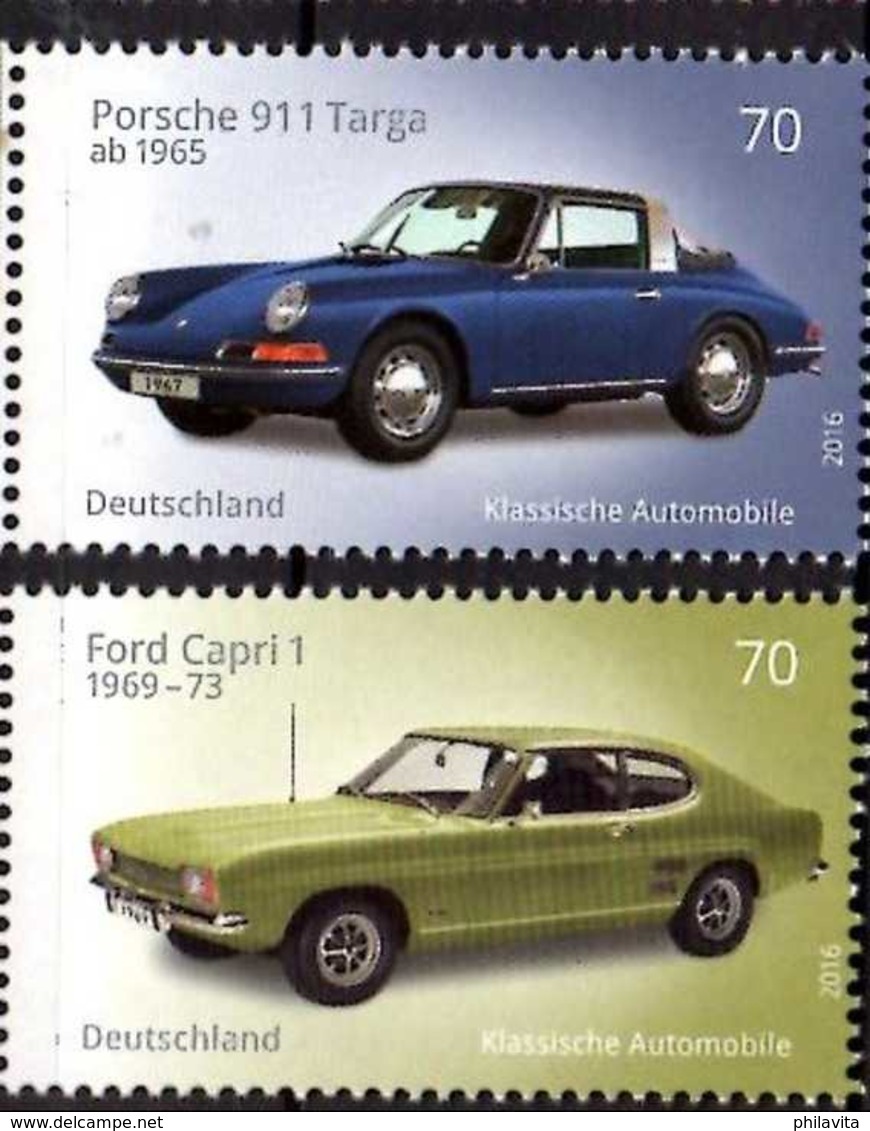 2016 Germany / BRD - German Classic Autos - Issue II - Porsche 911 / Ford Capri 1 - Set Of 2 V Paper - MNH** Mi 3201/2 - Nuevos