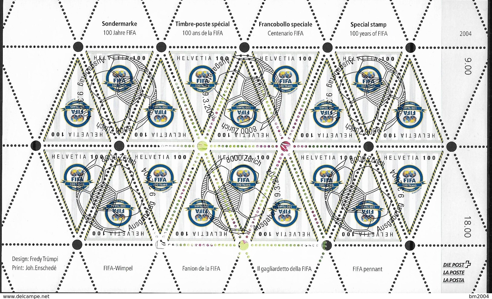 2004 Schweiz Mi. 1864 FD- Used  Sheet 100 Jahre Internationaler Fußballverband (FIFA) - Blocs & Feuillets