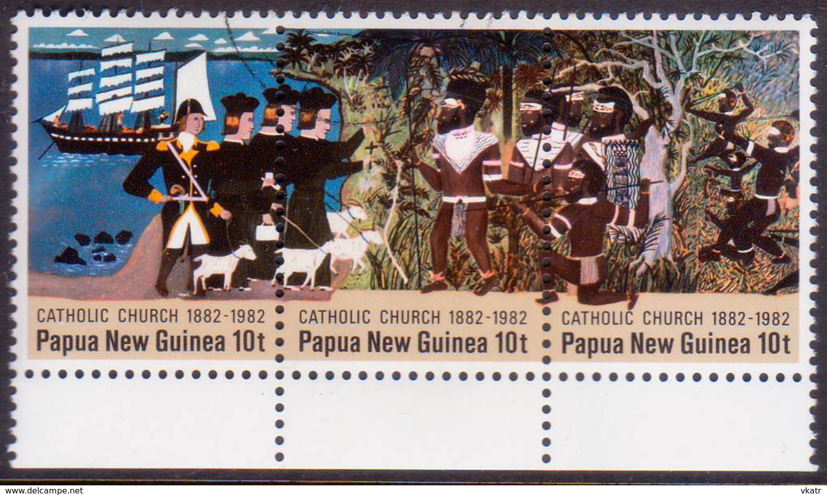 PAPUA NEW GUINEA 1982 SG #457-59 Compl.set Used In A Strip Of Three Centenary Of Catholic Church - Papua-Neuguinea