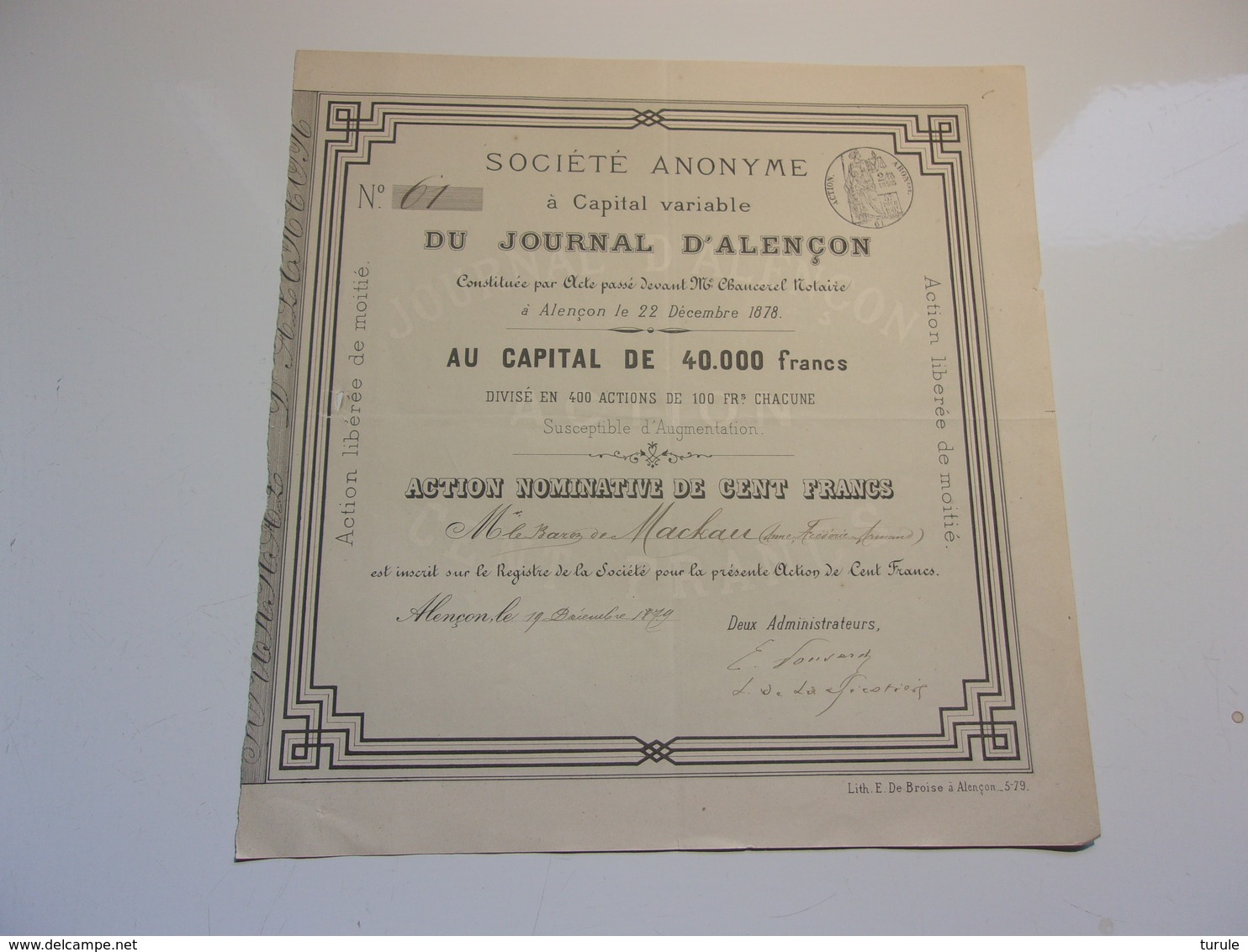 JOURNAL D'ALENCON (1878) ORNE  (au Baron De Mackau) - Autres & Non Classés