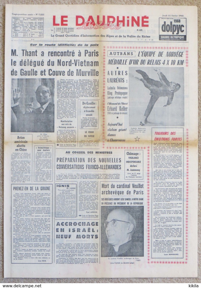 Journal Dauphiné Libéré Jeudi 15 Février X° Jeux Olympiques D'hiver De Grenoble 1968 Beloussova Protopopov - Autres & Non Classés