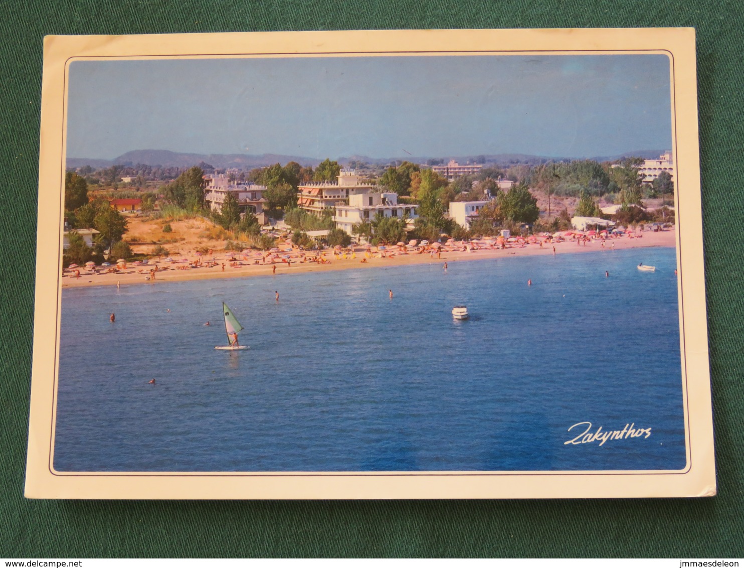 Greece 1987 Postcard " Zakynthos Beach Boats " To England - Architecture Ionic Capital - Griekenland