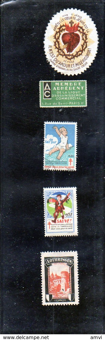 0005 - Lot De 5 Vignettes Tuberculose 1937 Et 1931 - Lothringen - Ligue Assainissement -arrete Le Coeur De Jesus Est La - Fantasy Labels