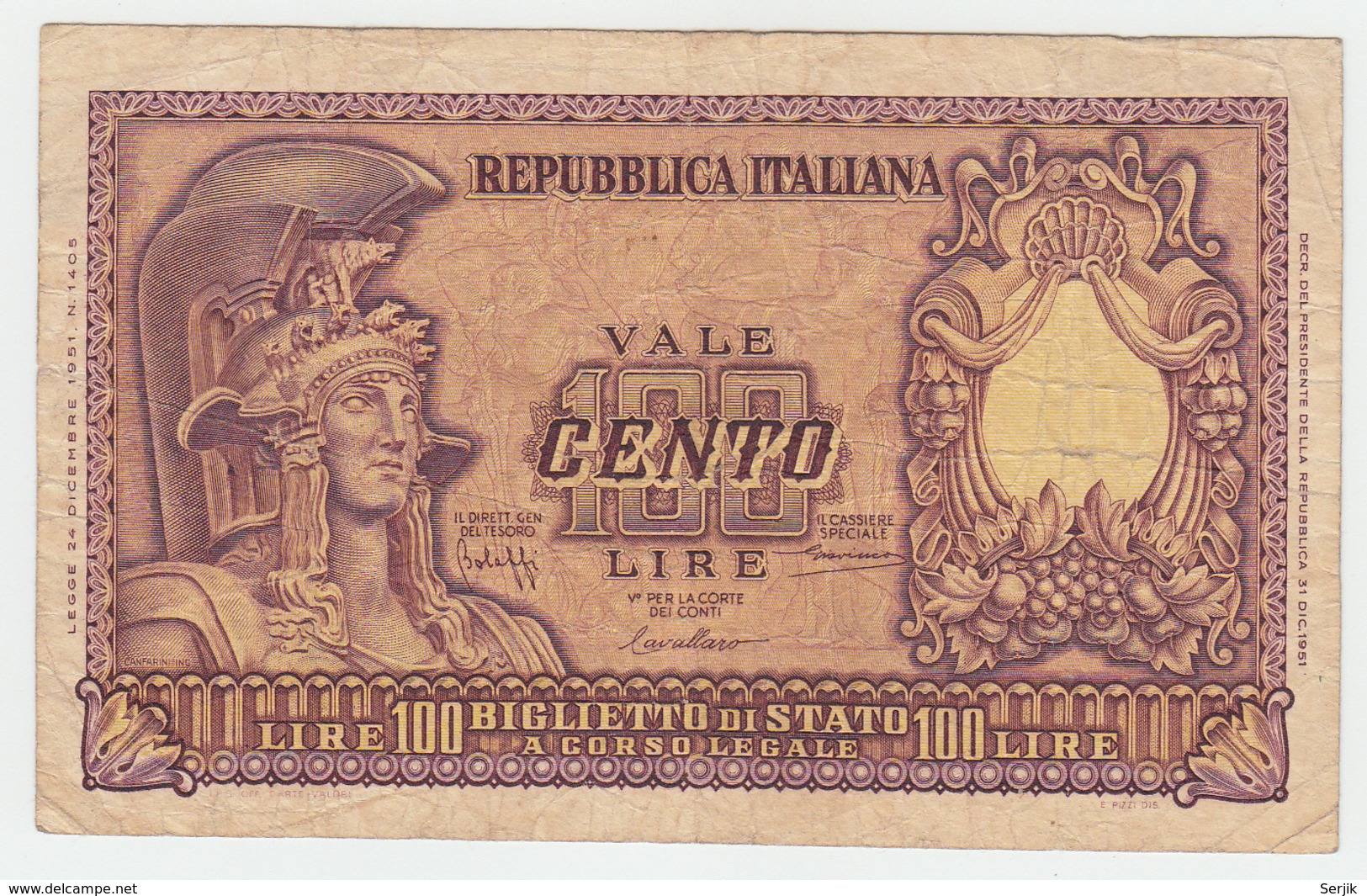 ITALY 100 Lire 1951 VG-F Pick 92a 92 A - 100 Lire