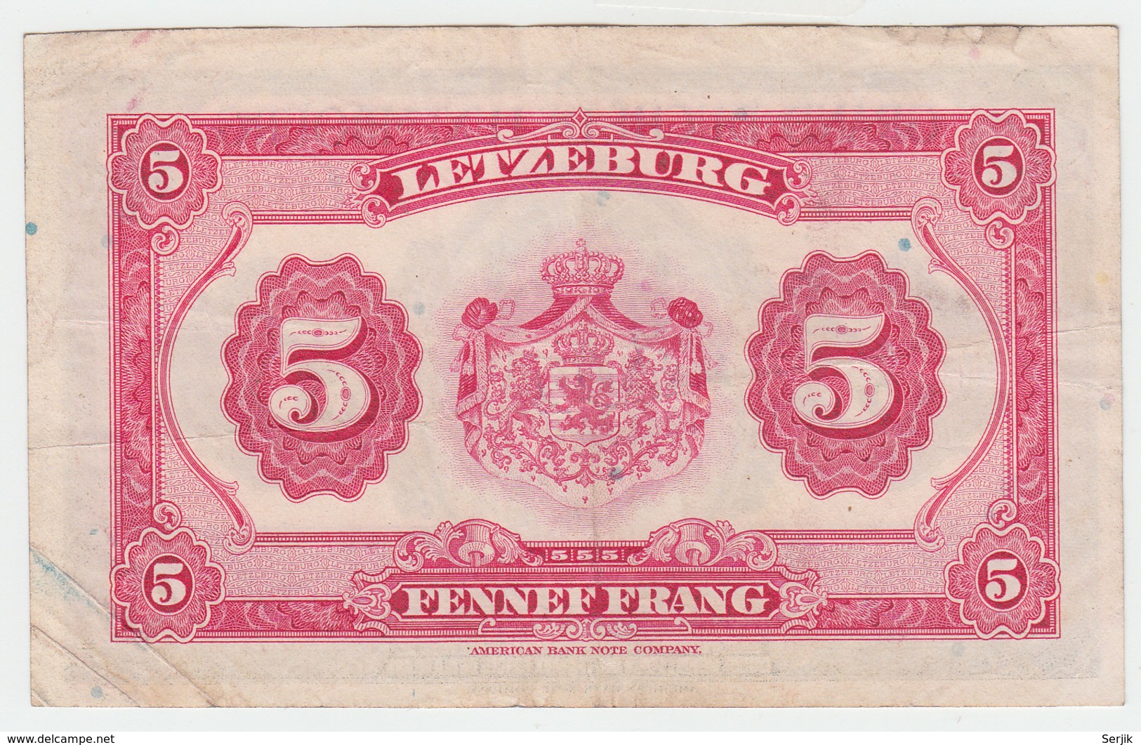 LUXEMBOURG 5 FRANCS 1944 VF Pick 43b 43 B - Luxembourg