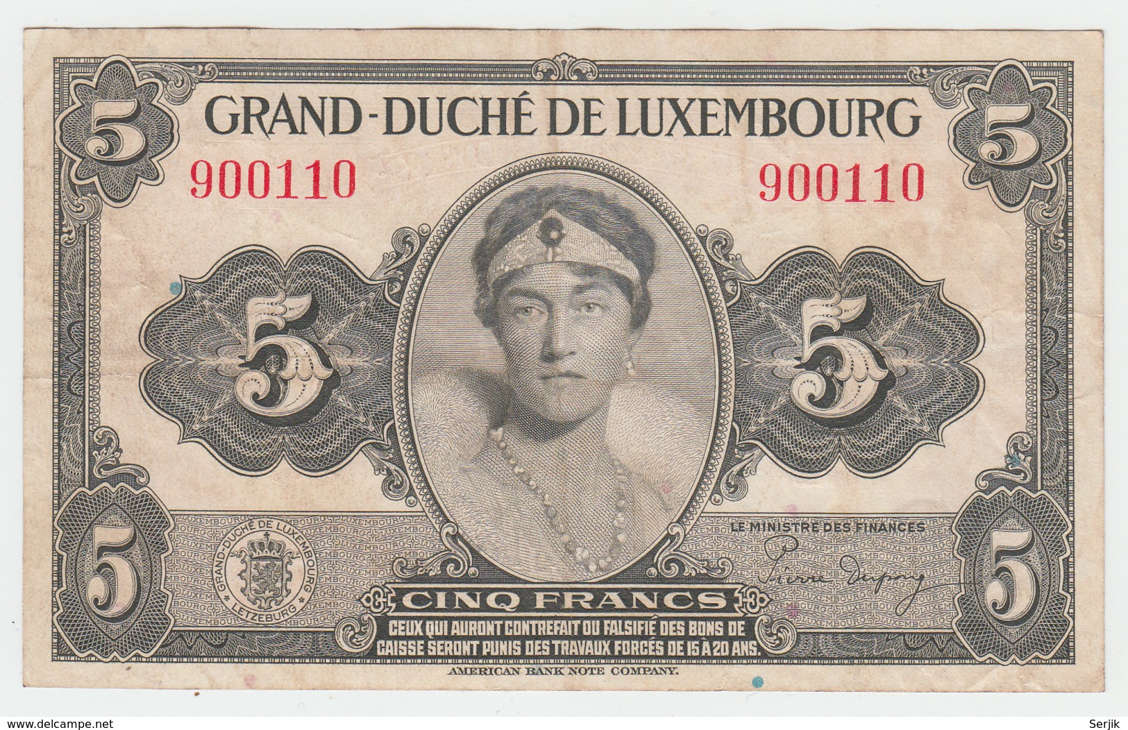 LUXEMBOURG 5 FRANCS 1944 VF Pick 43a 43 A - Luxembourg