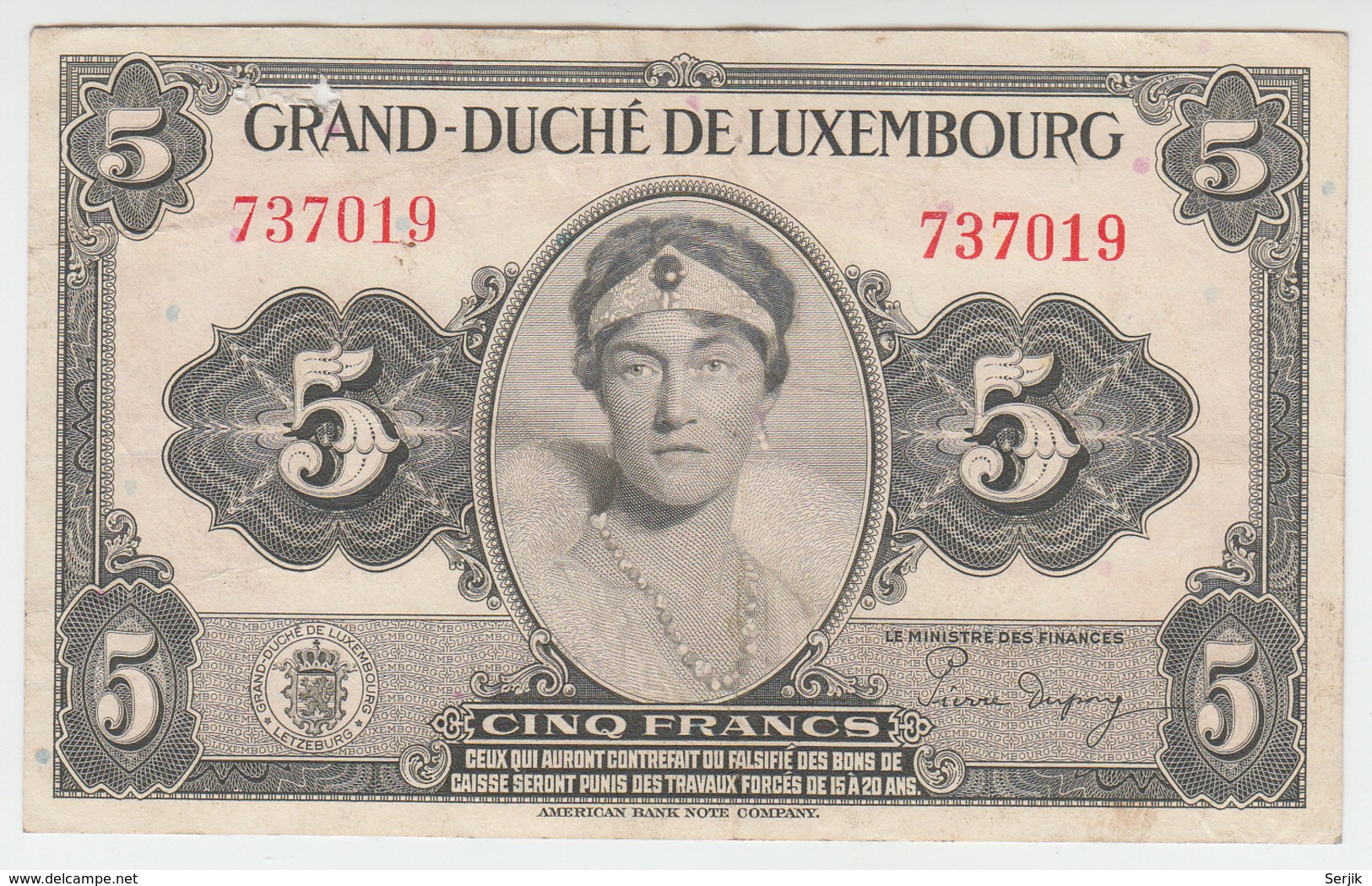 LUXEMBOURG 5 FRANCS 1944 AVF Pick 43a 43 A - Luxemburg