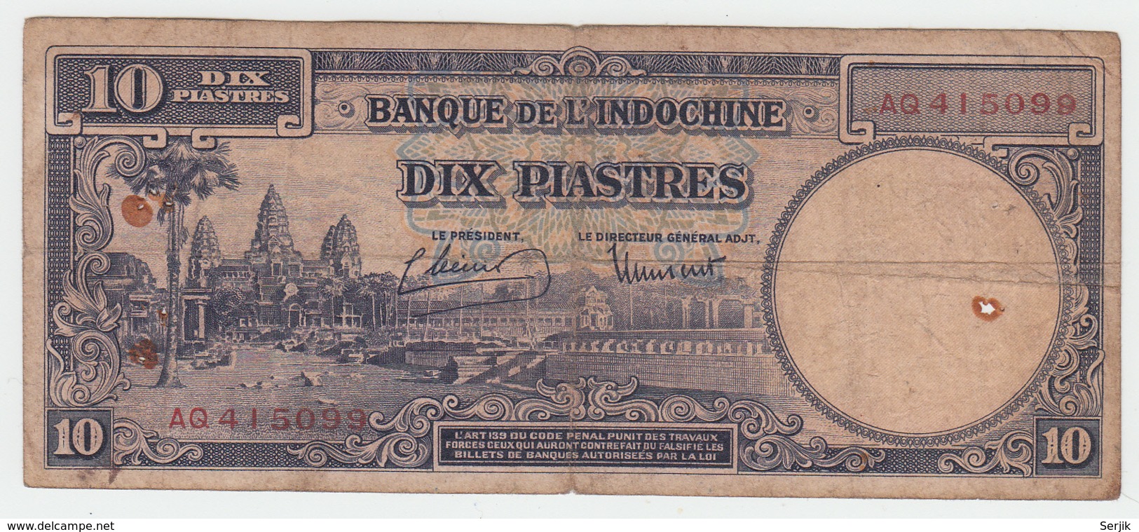 French Indochina 10 Piastres ND 1947 VG Condition Banknote Pick 80 - Indochina