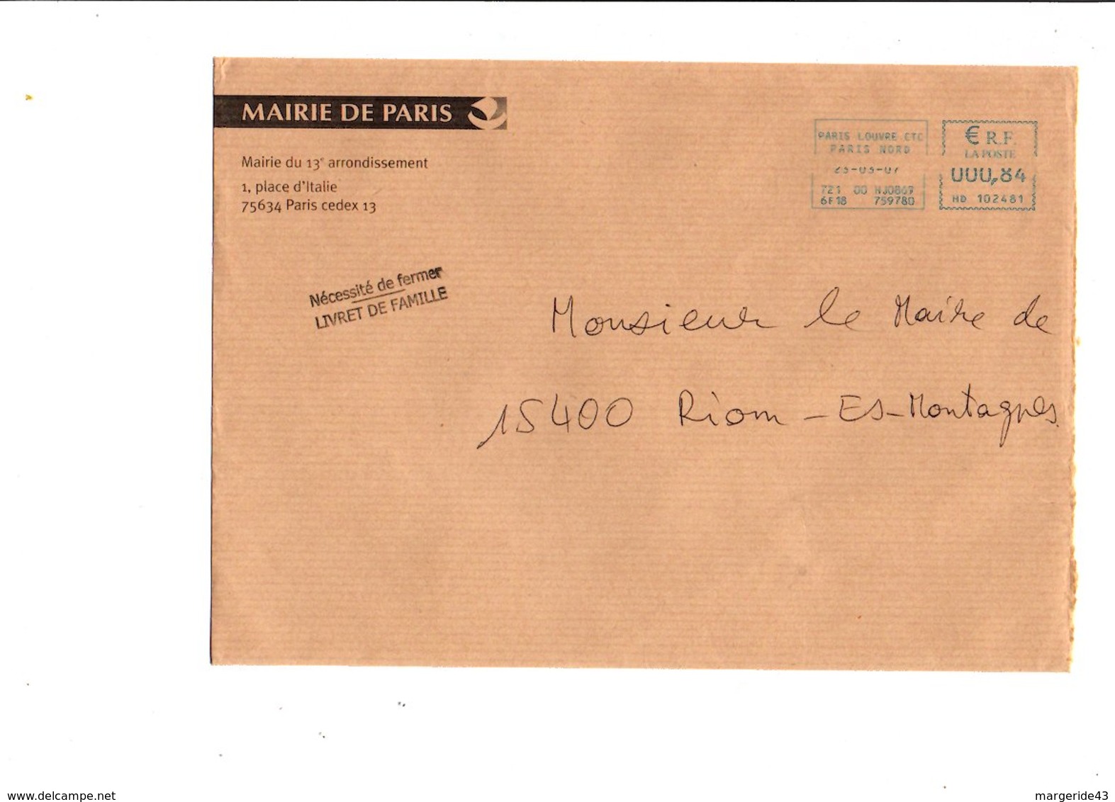 LETTRE DE MAIRIE DE PARIS 13 EME - 1961-....