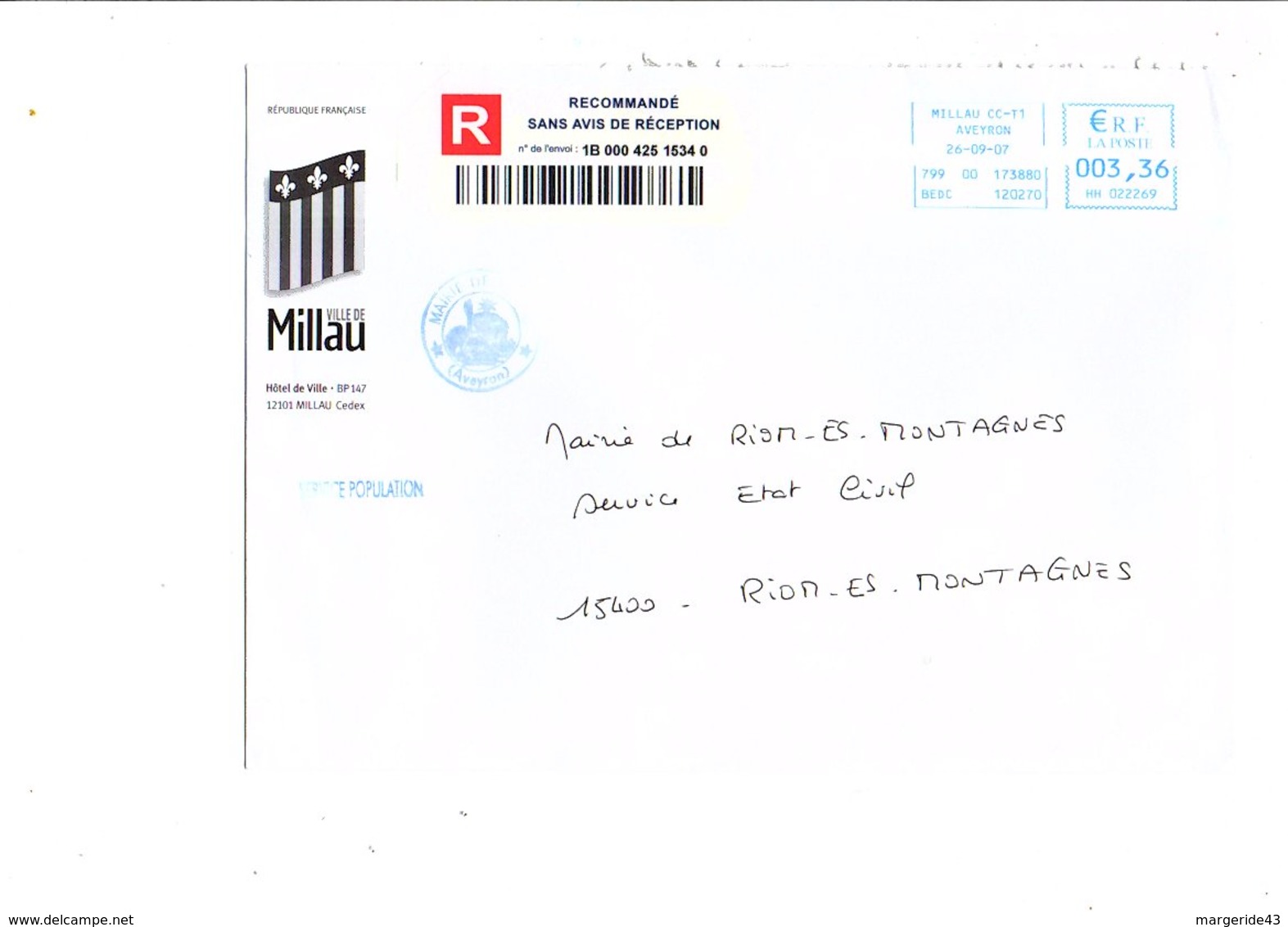 LETTRE DE MAIRIE DE MILLAU AVEYRON - 1961-....