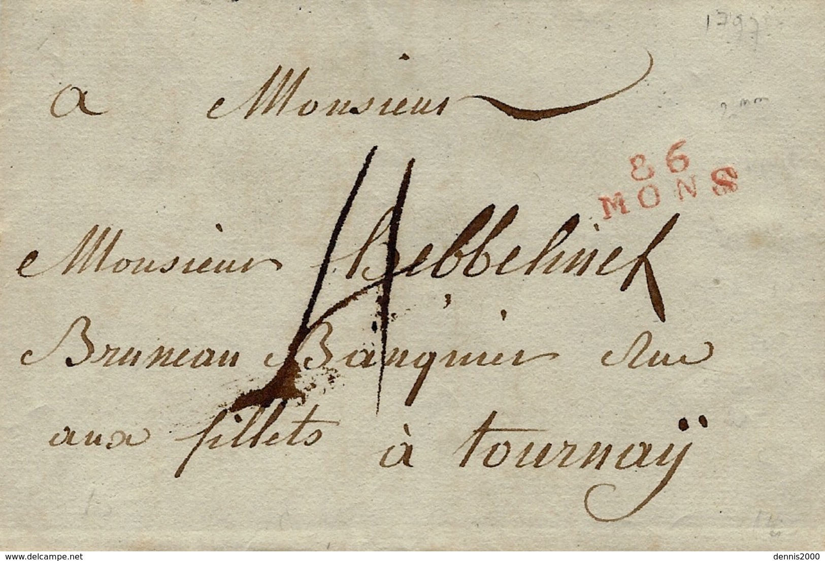 1796- Lettre De 86 / MONS ( Le Jemappes ) 20 Mm Rouge  Taxe 4 D  Pour Tournay - 1794-1814 (Periodo Frances)