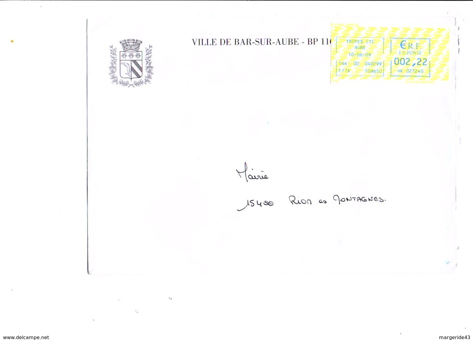 LETTRE DE MAIRIE DE BAR SUR AUBE AUBE - 1961-....