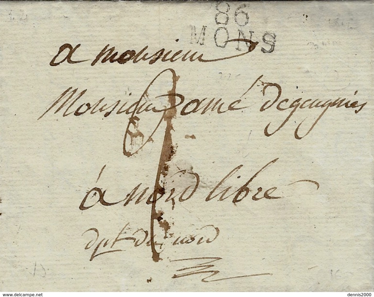 1812- Lettre De 86 / MONS ( Le Jemappes ) 22 Mm Noir  Taxe 2 D  Pour Nord Libre  ( Condé ) - 1794-1814 (French Period)