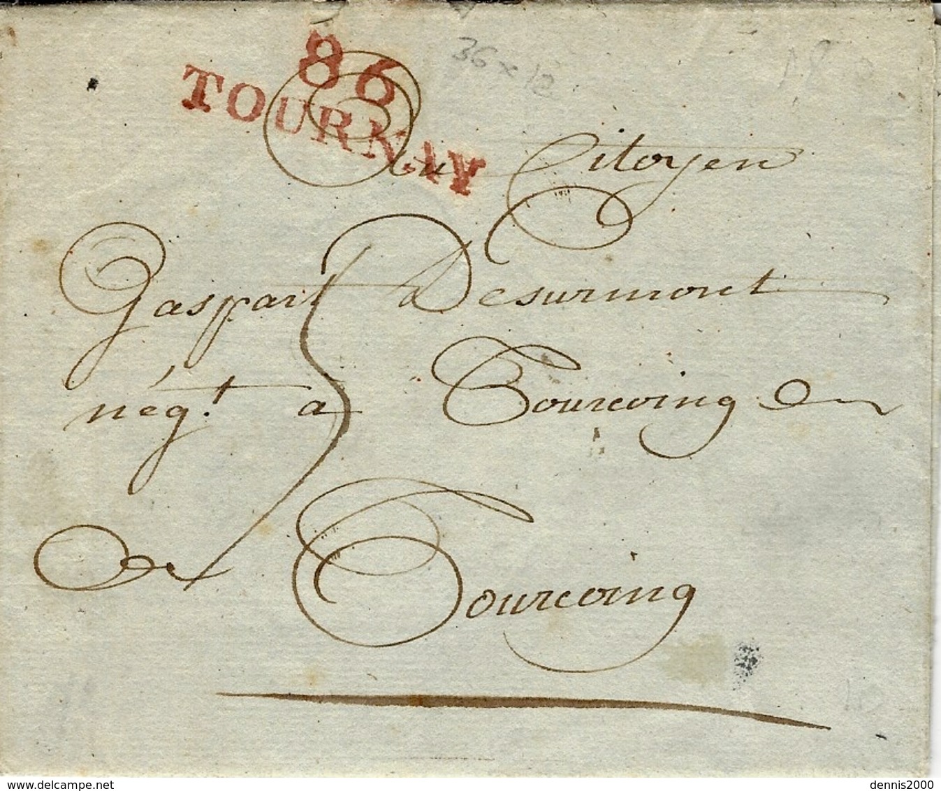 1800 - Lettre De 86 / TOURNAY  ( Le Jemmapes ) 36 Mm Rouge  Pour Tourcoing - 1794-1814 (Periodo Francese)