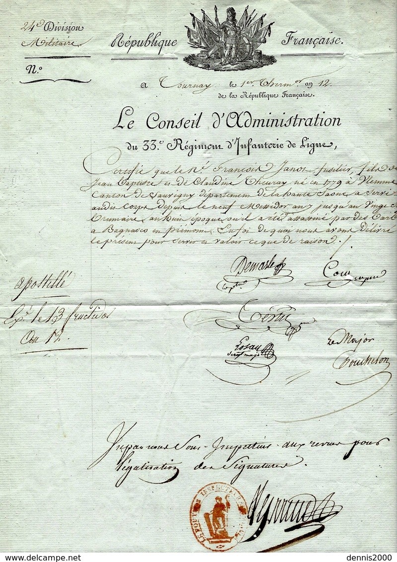 1812- Lettre De Tournay ( Le Jemmapes ) " Le Conseil D'Administration Du 33 è Régiment D'infanterie. De Ligne " - 1792-1815: Départements Conquis