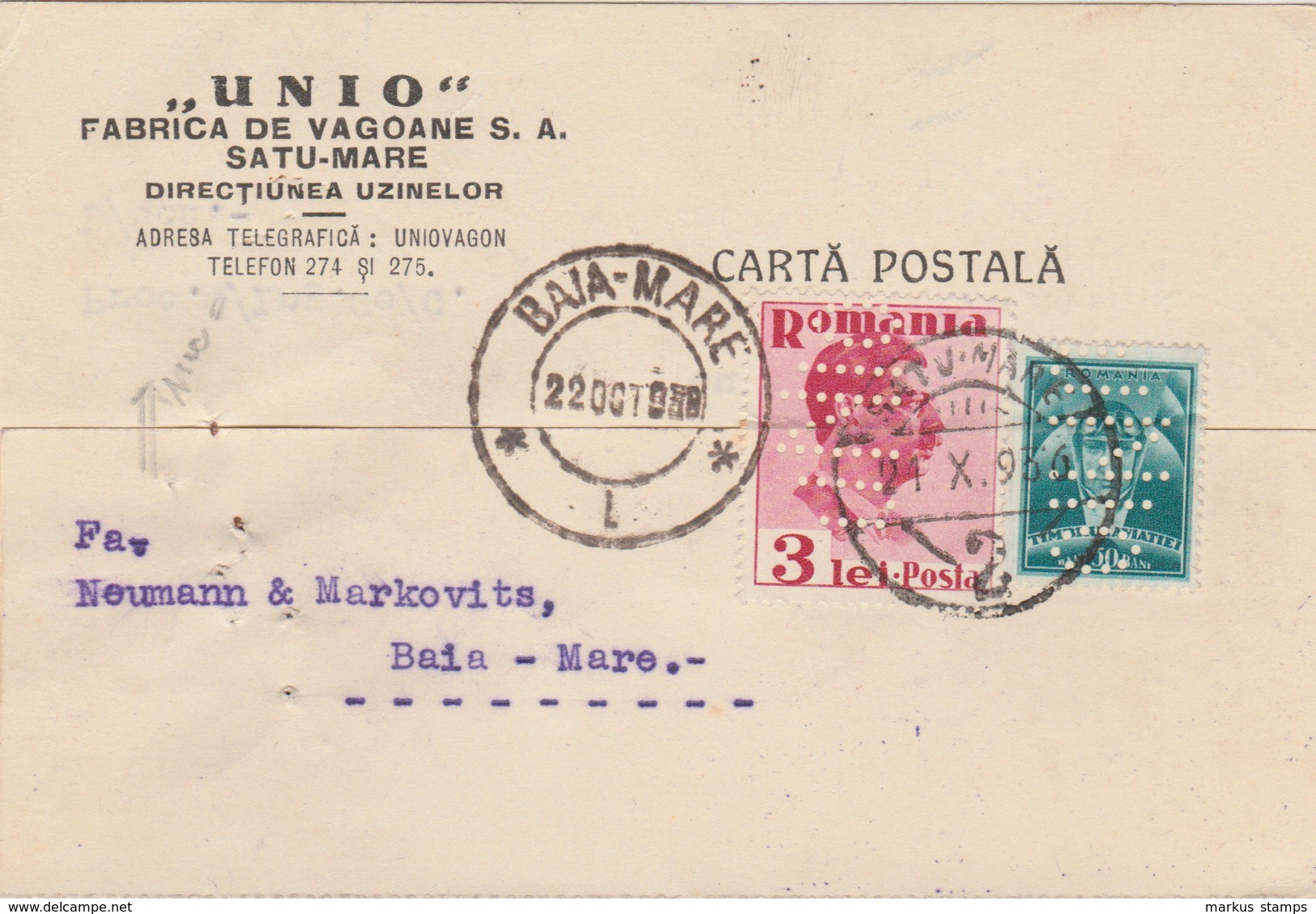 1936 Romania, Postcard With Perfins UNIO, Fabrica De Vagoane Satu Mare - Briefe U. Dokumente