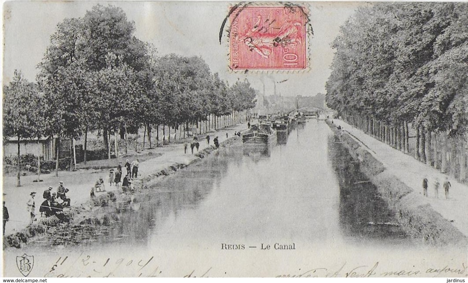 REIMS : LE CANAL - Ses Promeneurs , Péniches  (1904) - Reims