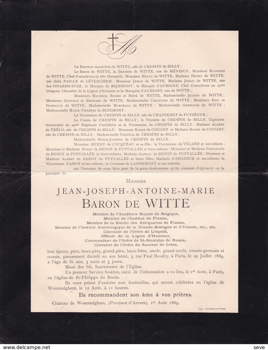 WOMMELGEM Jean-Joseph Baron De WITTE Académie Royale De Belgique 81 Ans 1889 Mort à Paris Famille De CRESPIN De BILLY - Décès