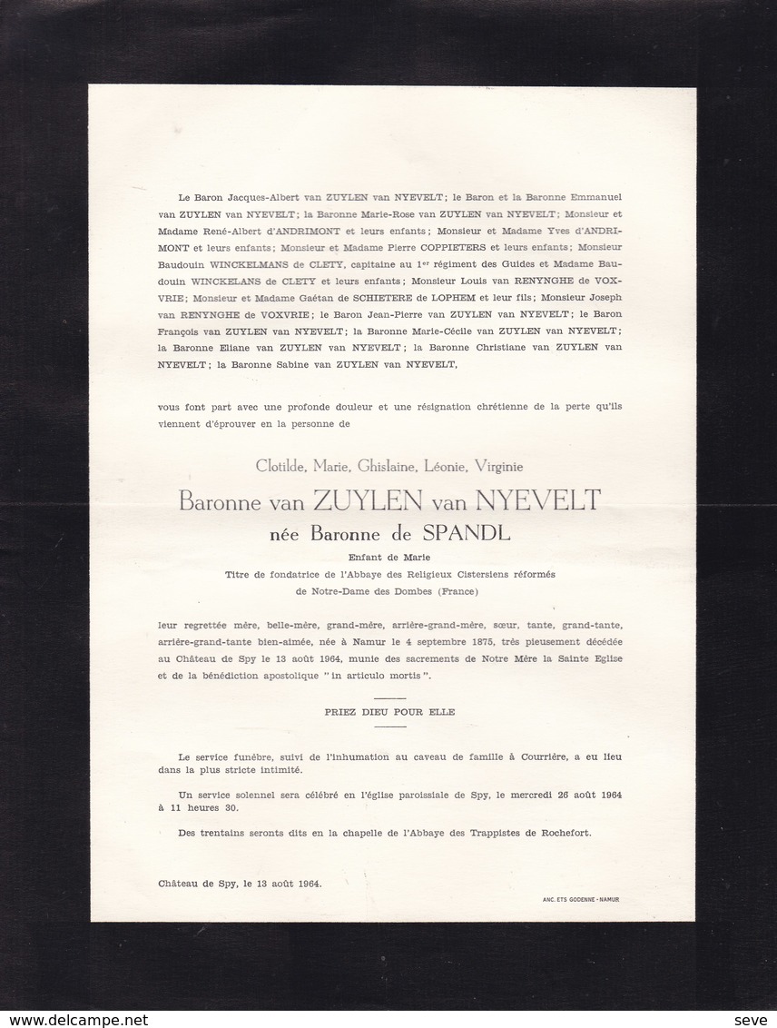 NAMUR SPY Clotilde Baronne De SPANDL De L'HERZE épouse Van ZUYLEN De NYEVELT 1875-1964 DOMBES France 2 Volets Ok - Obituary Notices