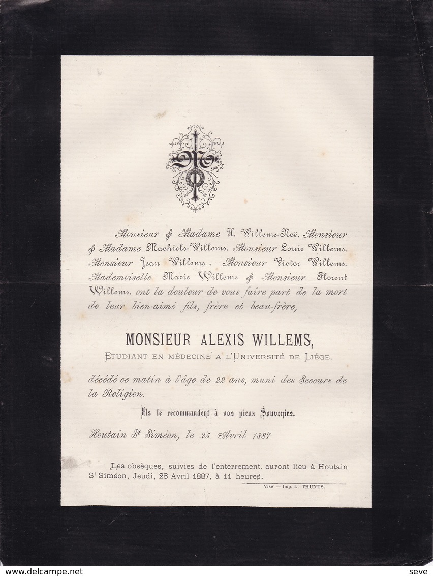 HOUTAIN ST SIMEON Alexis WILLEMS étudiant En Médecine Université De Liège 22 Ans 1887 - Décès