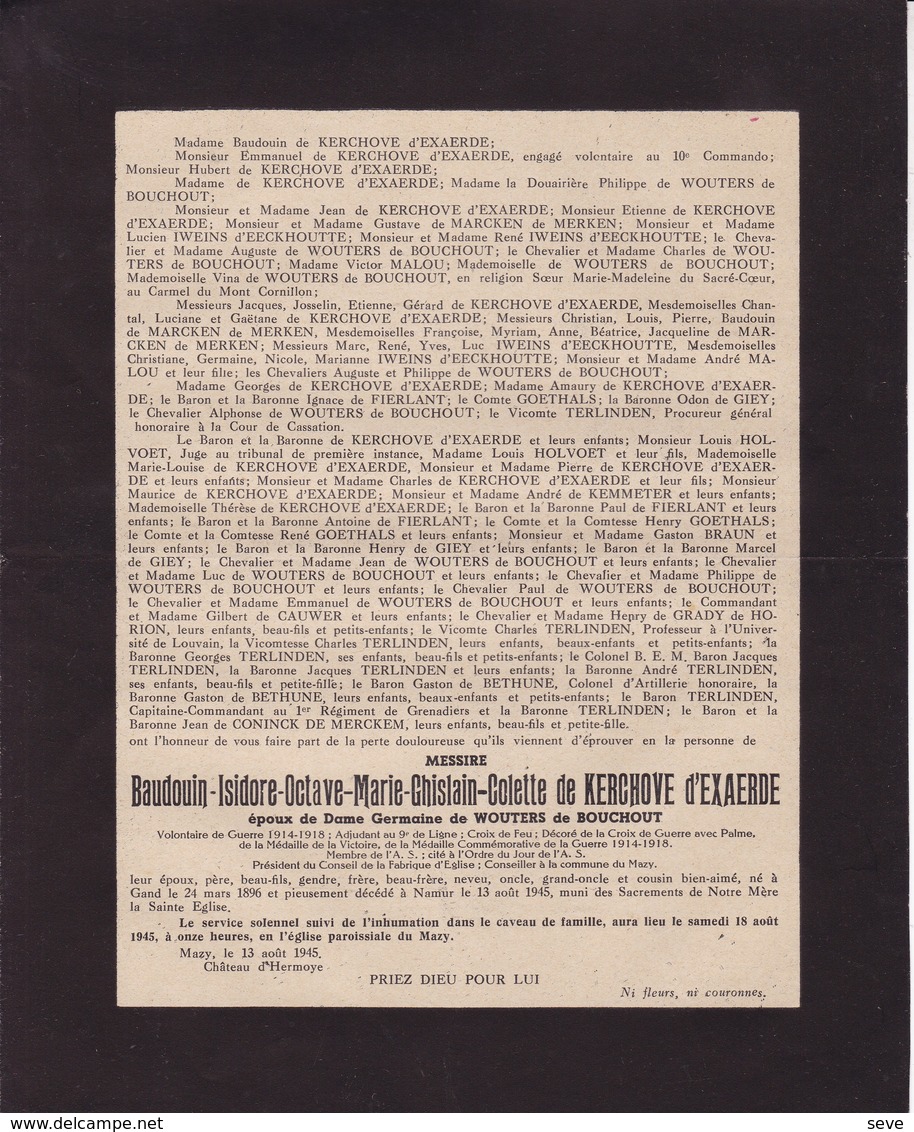 GAND MAZY Baudouin De KERCHOVE D'EXAERDE époux De WOUTERS De BOUCHOUT Conseiller Communal 1896-1945 - Décès