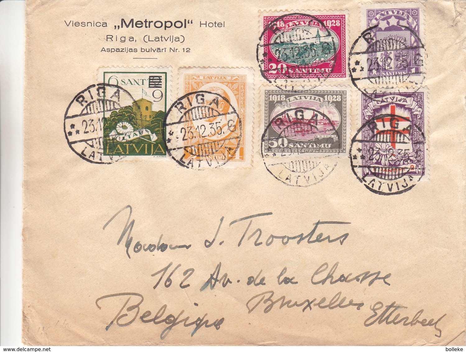 Lettonie - Lettre De 1935 ° - Oblit Riga - Exp Vers Etterbeek - Hôtellerie - - Lettland