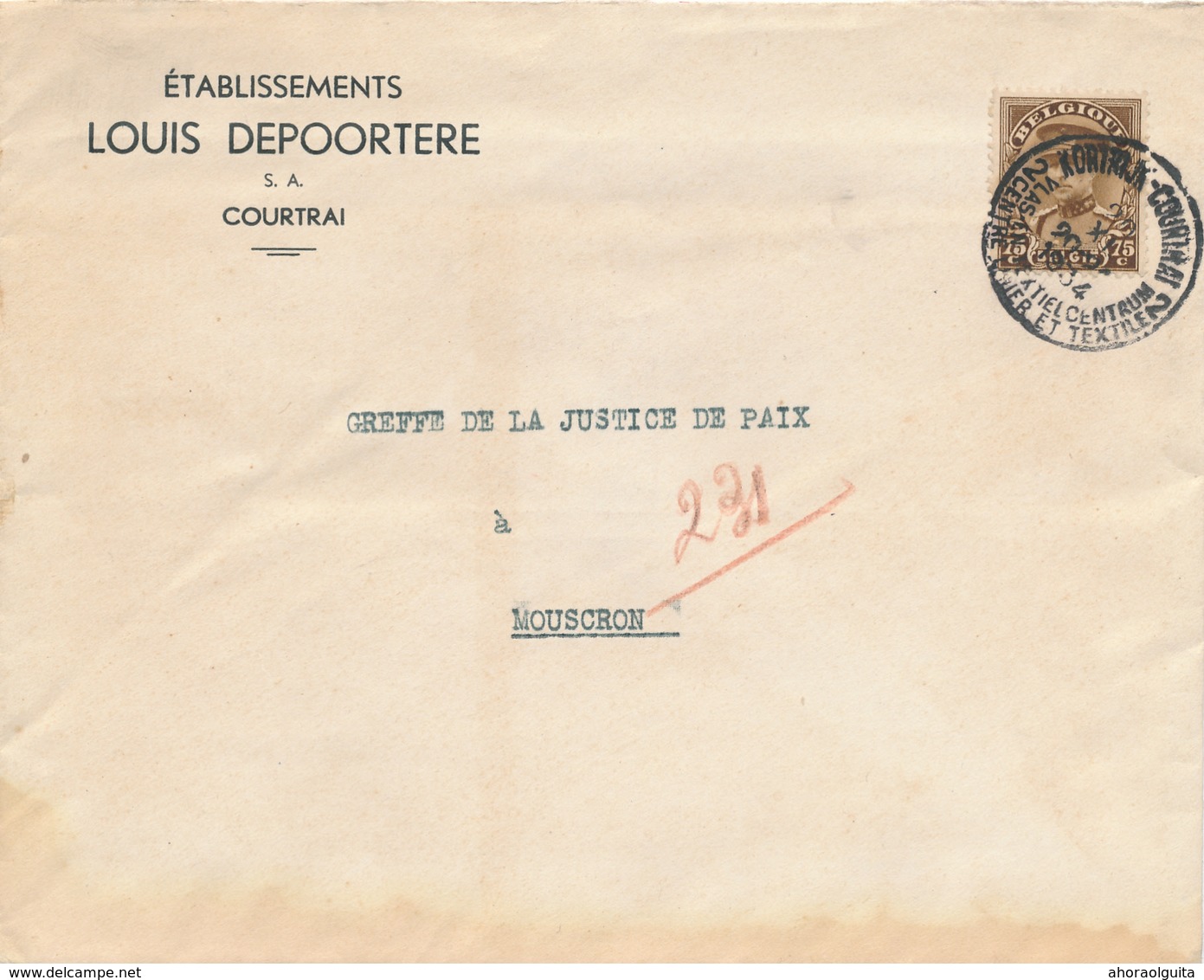 892/28 - Lettre + Contenu TP Képi KORTRIJK 1934 Vers MOUSCRON - Entete Ets Louis Depoortere - 1931-1934 Chepi