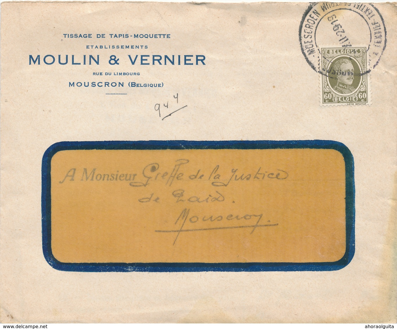 893/28 - Lettre + Contenu TP Houyoux MOUSCRON MOESCROEN 1929 - Entete Tissage De Tapis Moulin & Vernier - 1922-1927 Houyoux